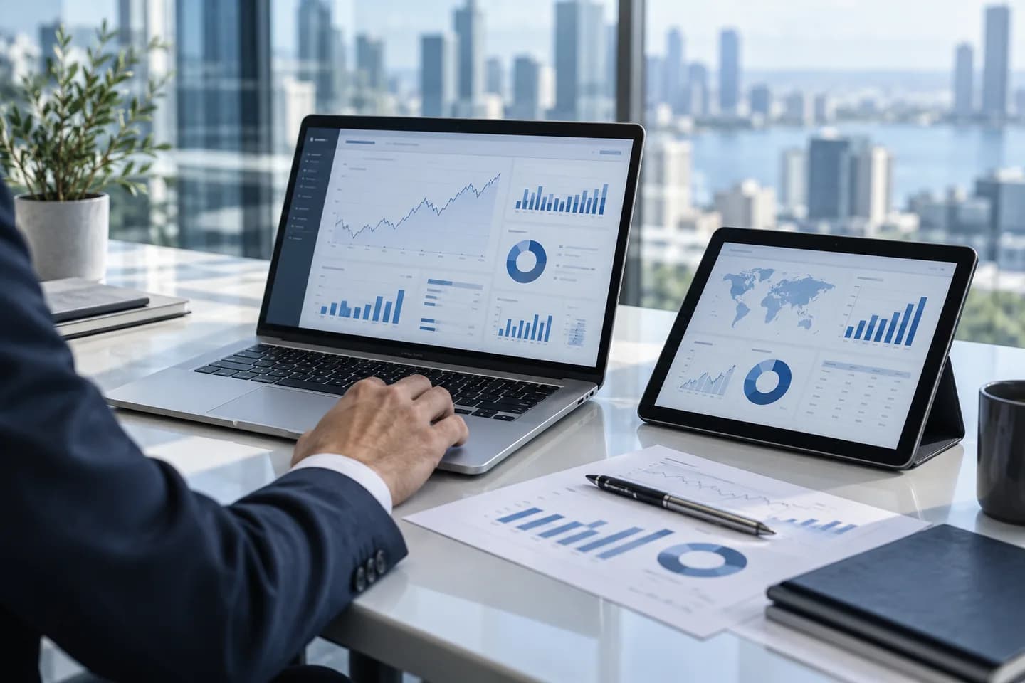 Ilustrasi realistis analitik bisnis pada laptop dan tablet.