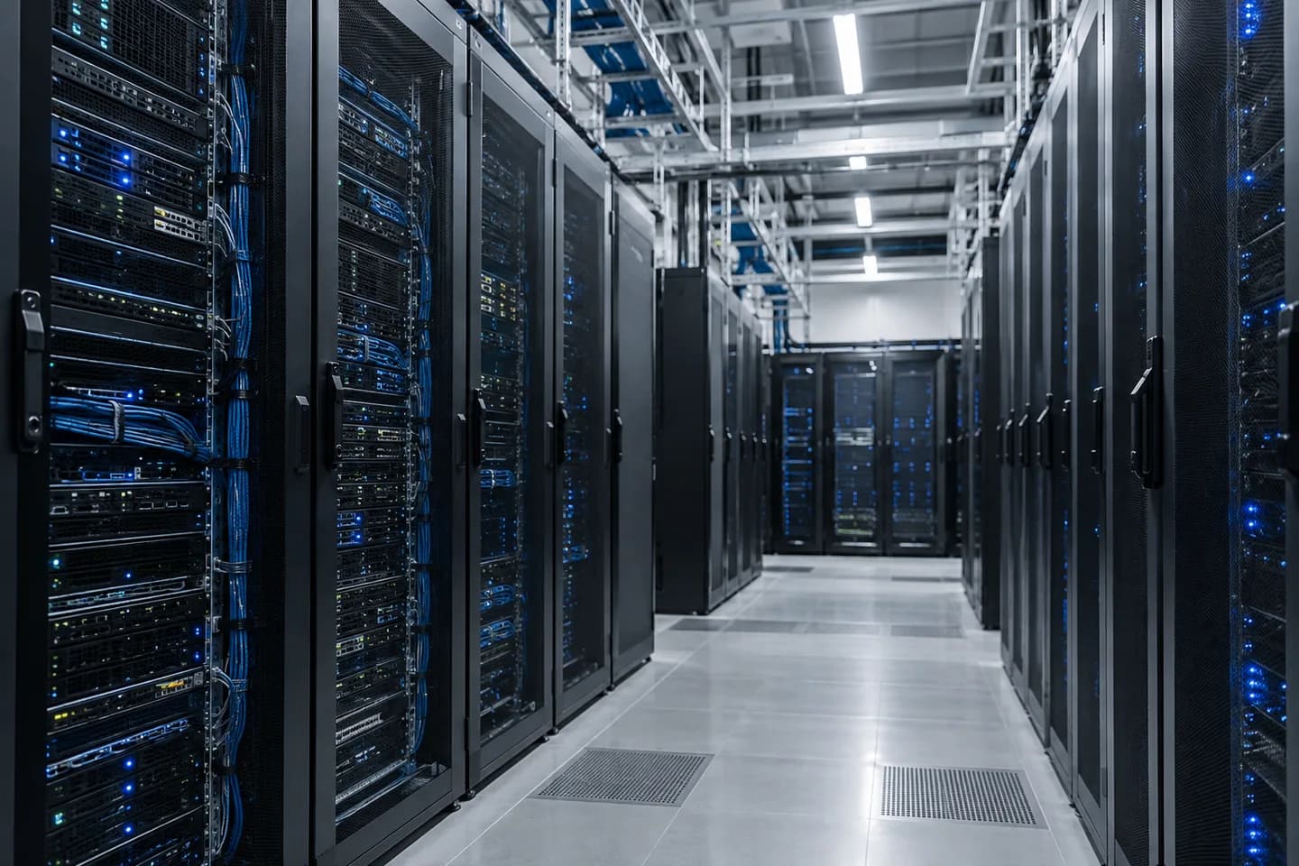 Ilustrasi realistis infrastruktur server tertata di pusat data modern.